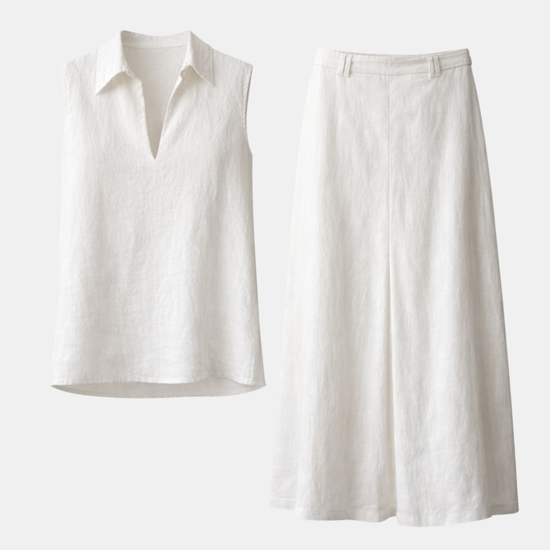 Linen Women's Co-ord Set - Sleeveless V-Neck Shirt & Skirt for Casual Wear