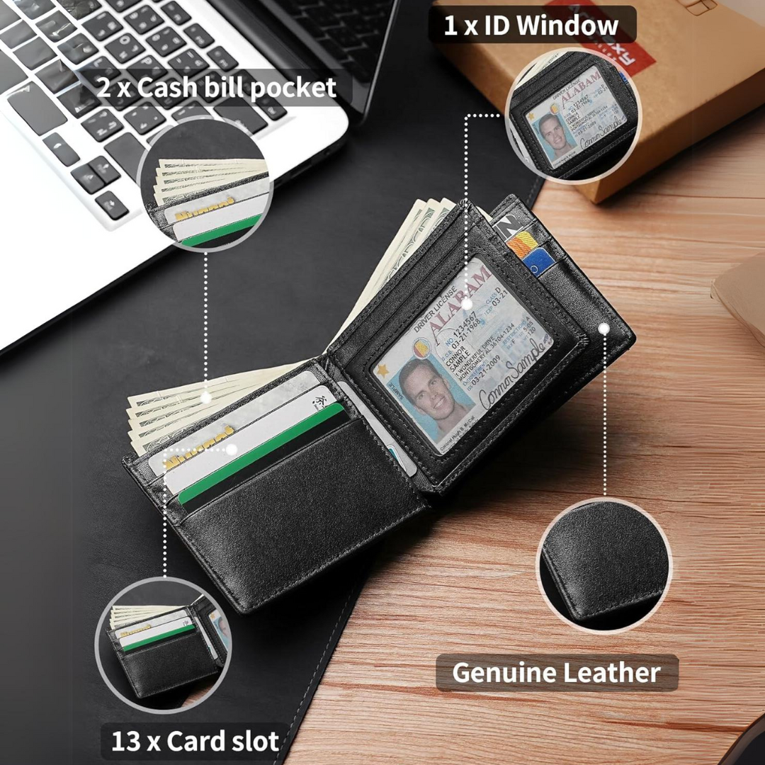 Men's Bifold Genuine Leather RFID Blocking Wallet – Everyday Use, Travel