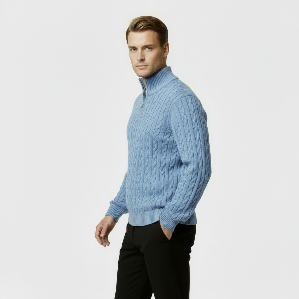 Men's Cable Knit Quarter Zip Sweater - Soft Cotton Blend - Casual Knitwear for Everyday Wear