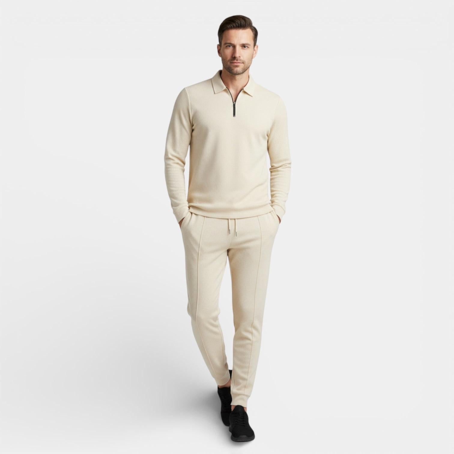 Men's Cotton-Blend Tracksuit Set - Zip Polo Top with Tapered Joggers for Casual Wear and Active Lifestyle