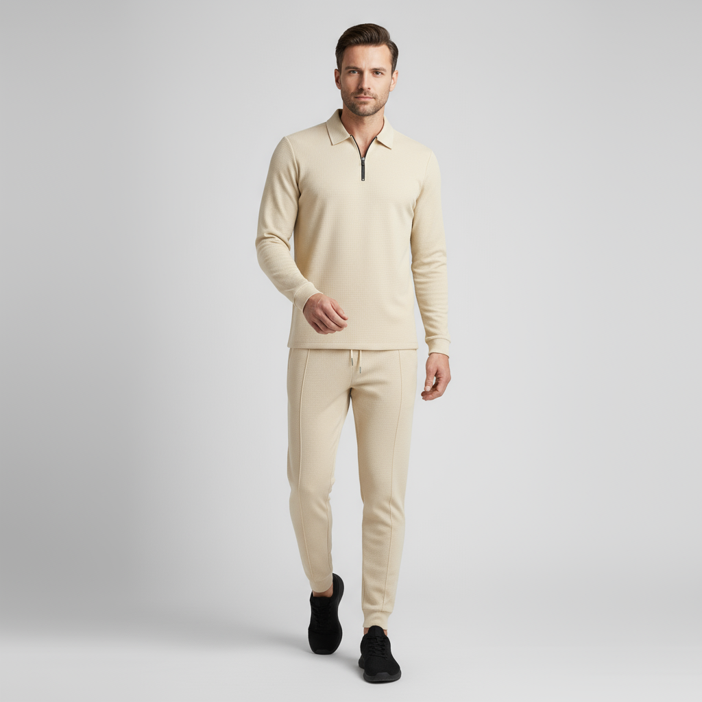 Men's Cotton-Blend Tracksuit Set - Zip Polo Top with Tapered Joggers for Casual Wear and Active Lifestyle