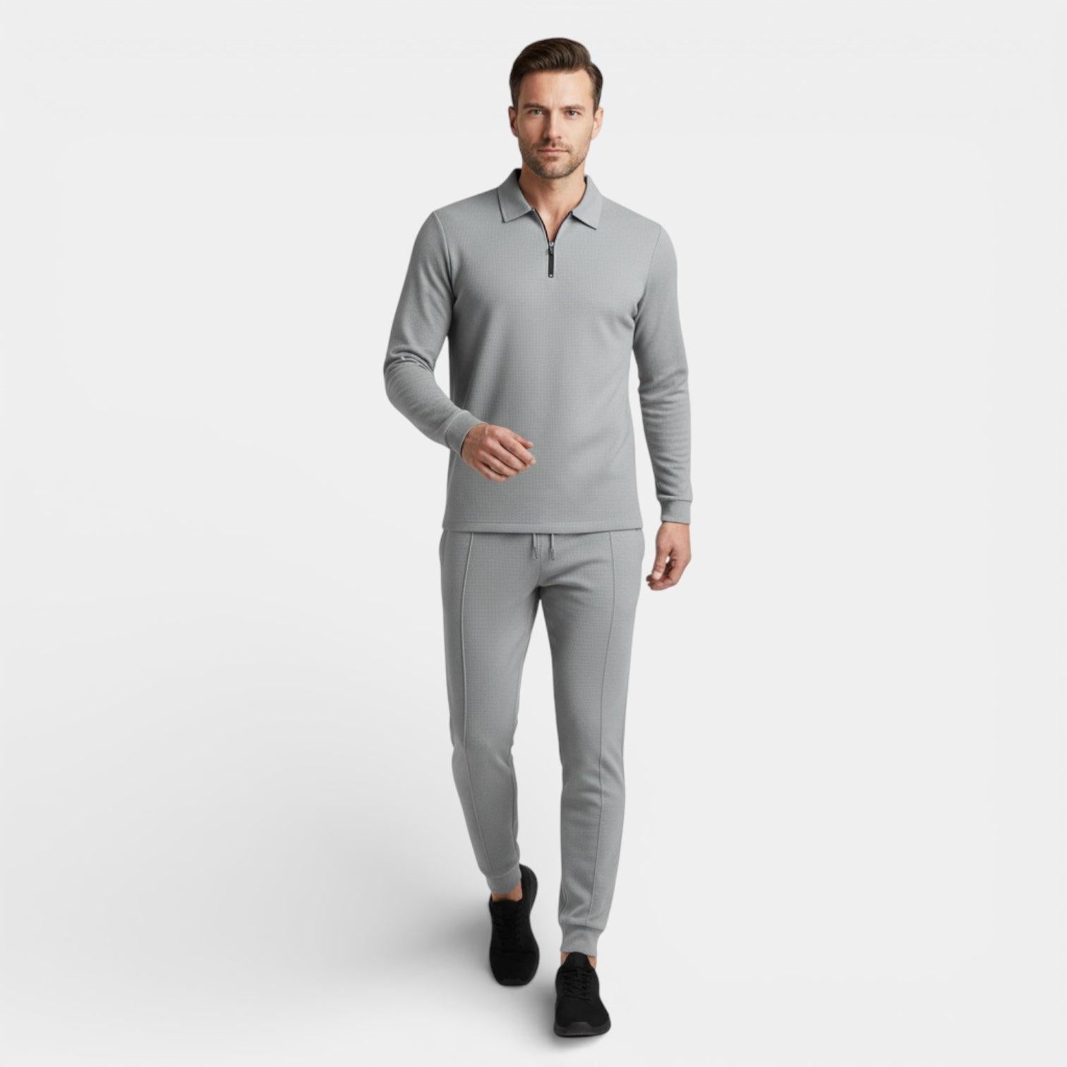 Men's Cotton-Blend Tracksuit Set - Zip Polo Top with Tapered Joggers for Casual Wear and Active Lifestyle