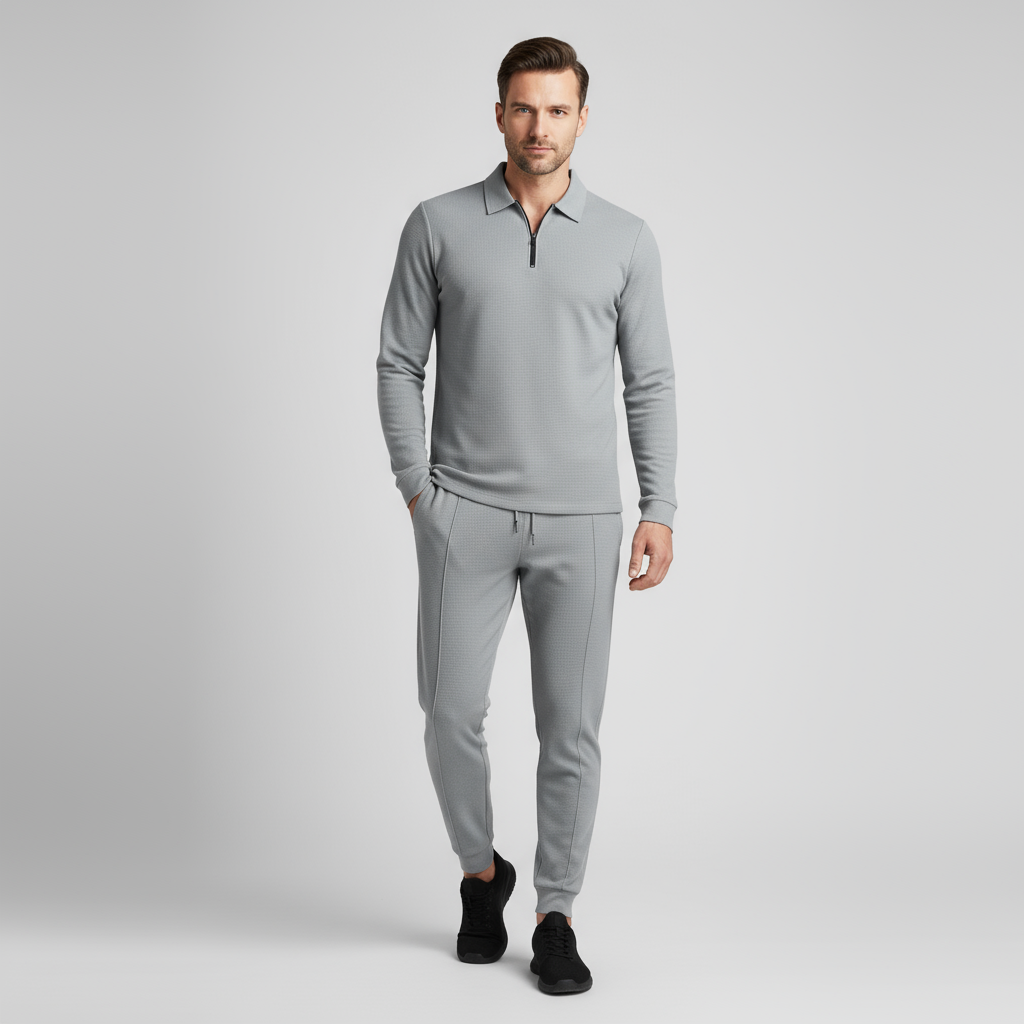 Men's Cotton-Blend Tracksuit Set - Zip Polo Top with Tapered Joggers for Casual Wear and Active Lifestyle