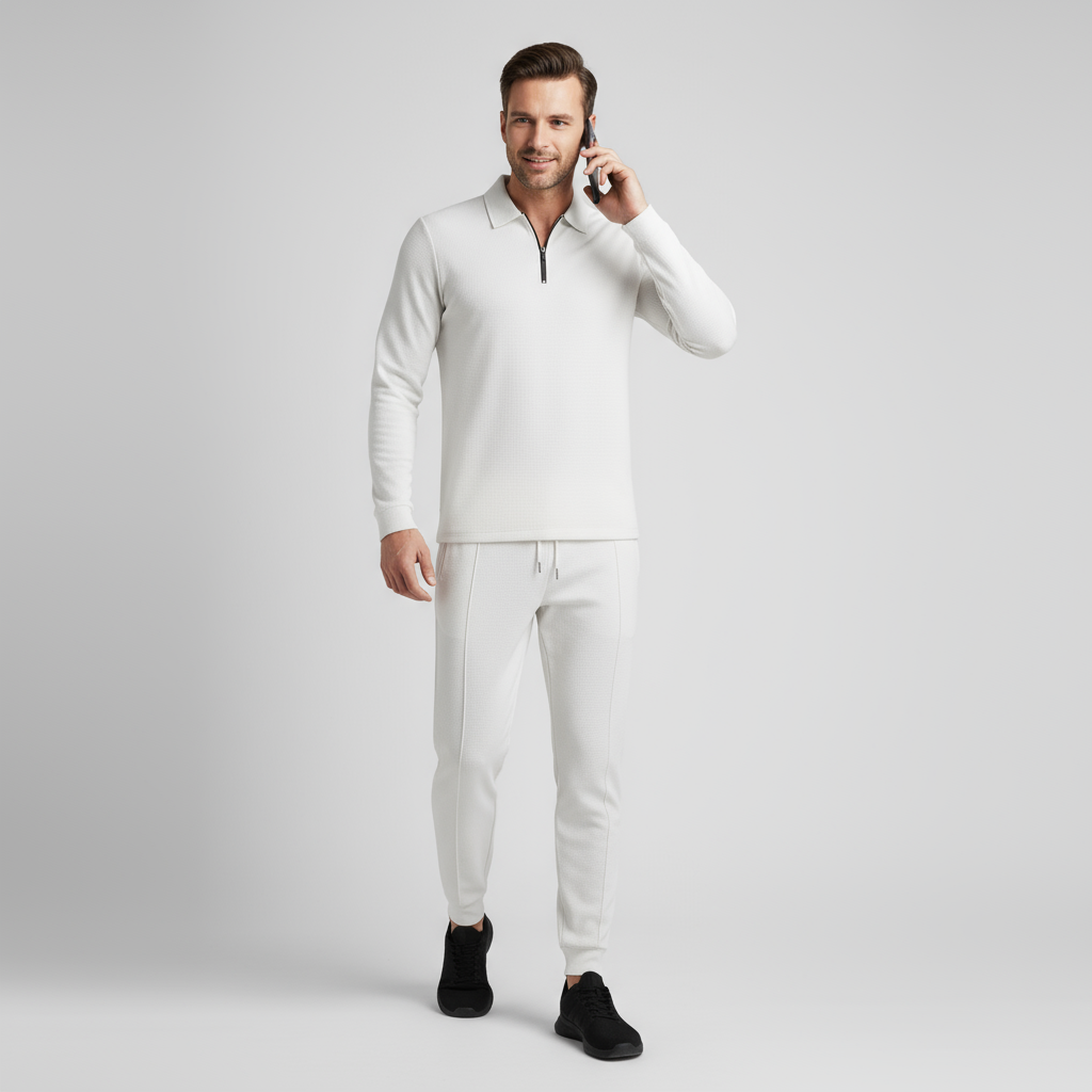 Men's Cotton-Blend Tracksuit Set - Zip Polo Top with Tapered Joggers for Casual Wear and Active Lifestyle