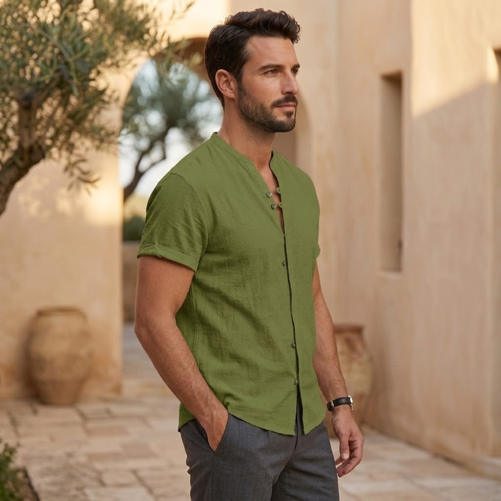 Men's Cotton Linen Short Sleeve Shirt - Relaxed Fit for Casual Wear