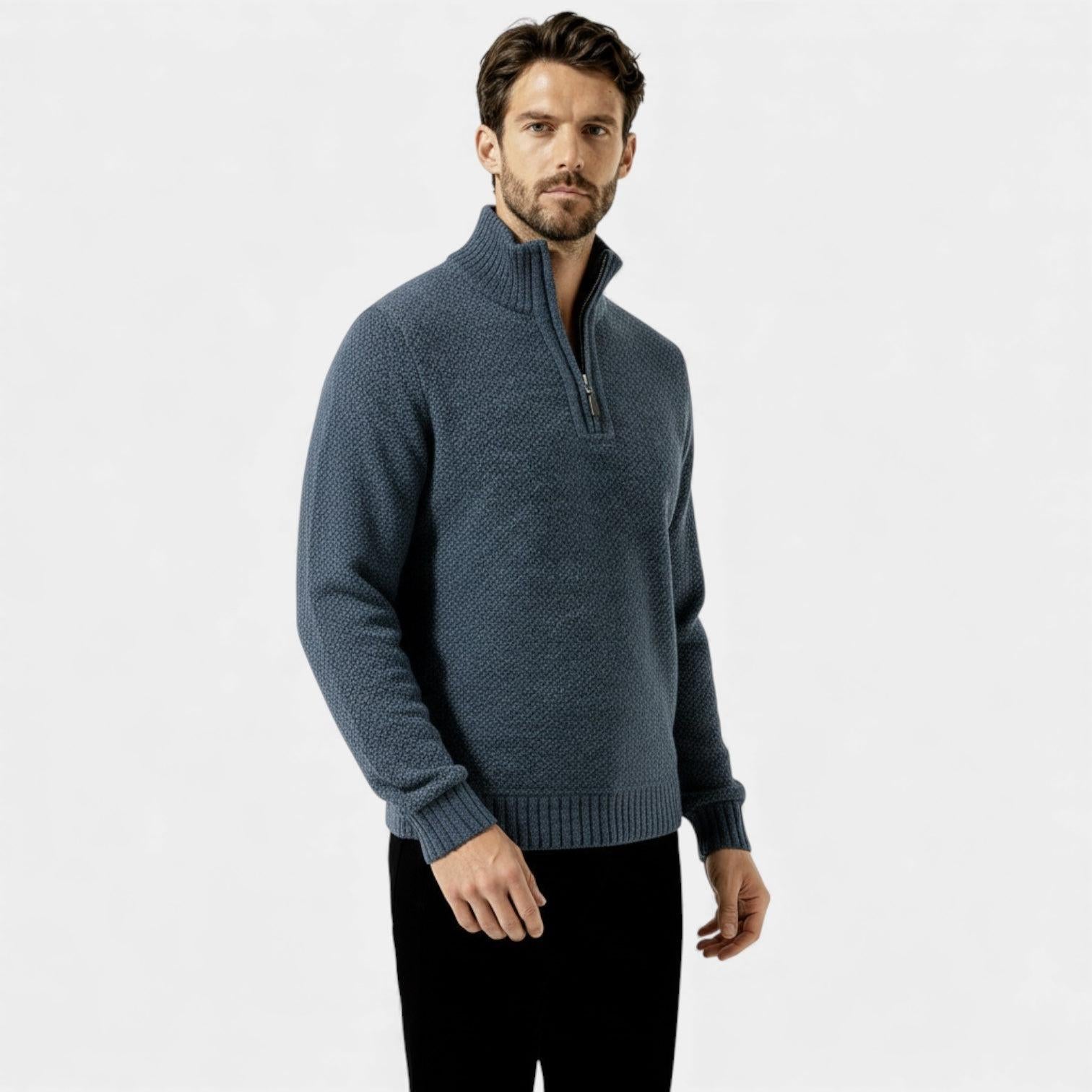 Men's Fleece Knit Quarter-Zip Sweater with Textured Design and Stand Collar for Casual Wear