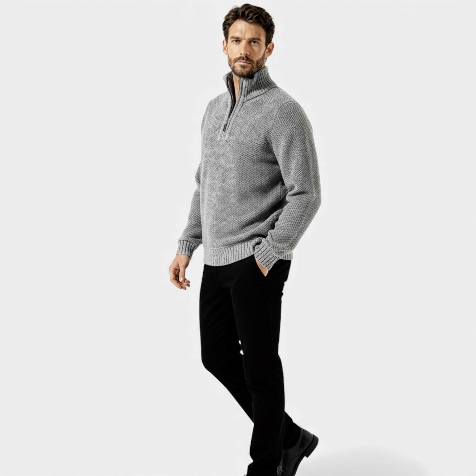 Men's Fleece Knit Quarter-Zip Sweater with Textured Design and Stand Collar for Casual Wear