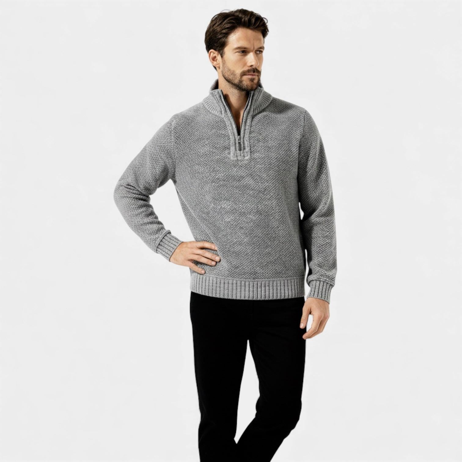 Men's Fleece Knit Quarter-Zip Sweater with Textured Design and Stand Collar for Casual Wear