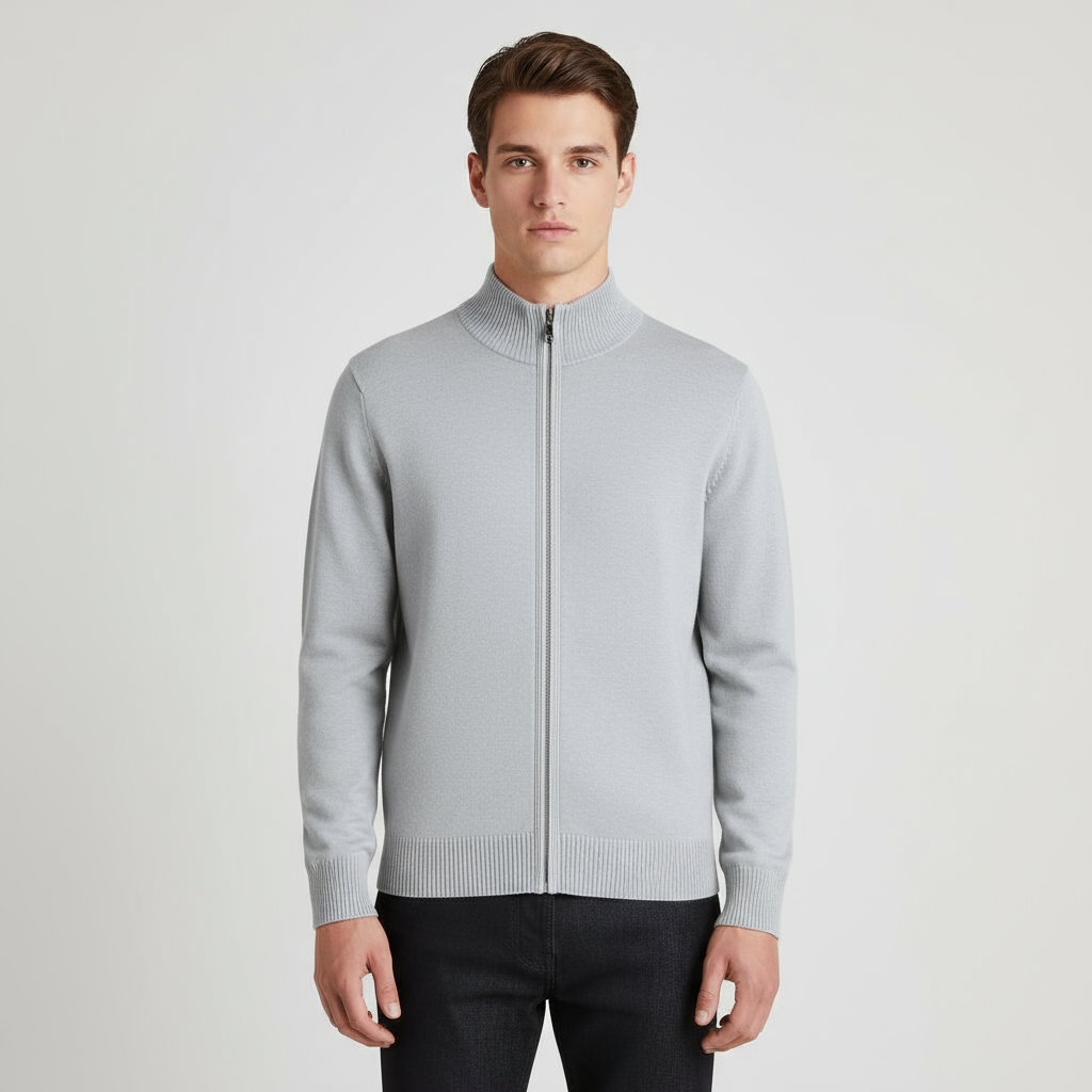 Men's Knit Cardigan with Full-Length Zipper, Long Sleeve, Ribbed Trim - Casual Outerwear for Everyday Wear