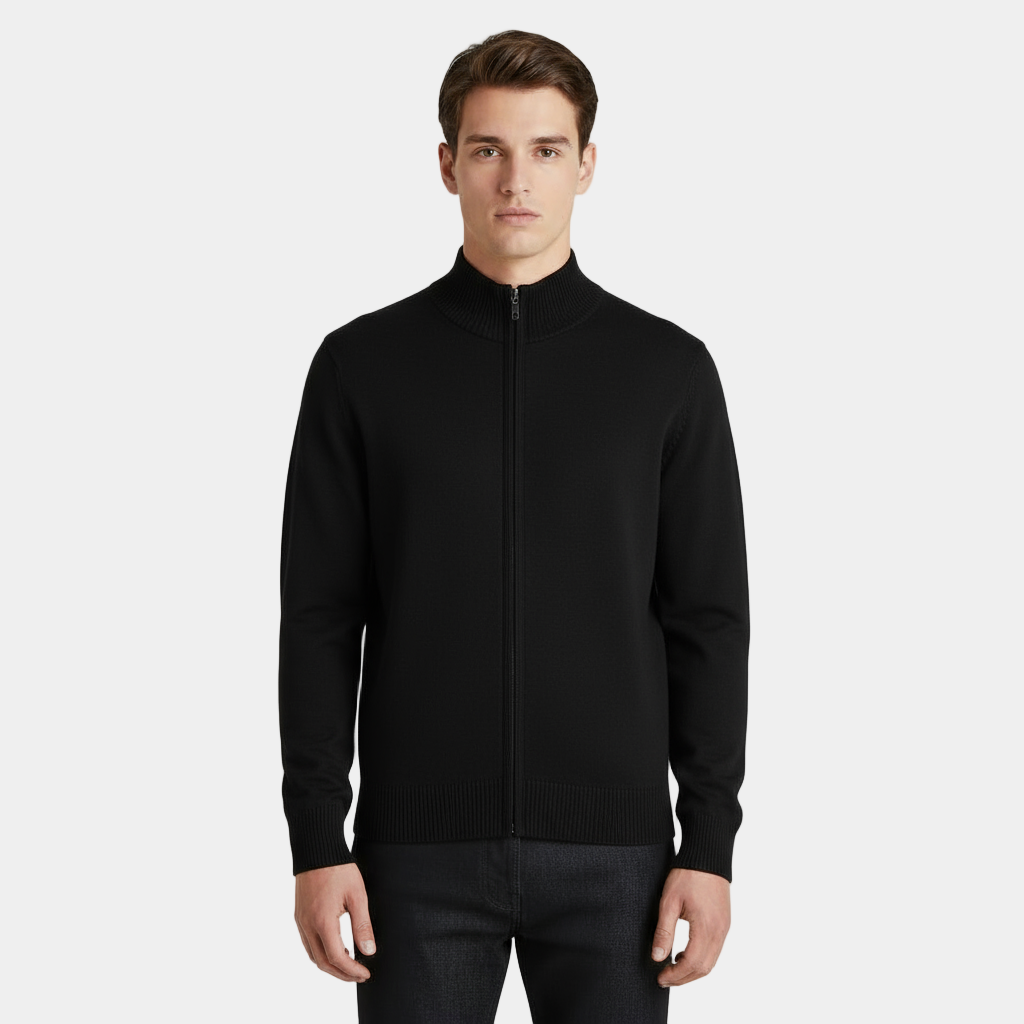 Men's Knit Cardigan with Full-Length Zipper, Long Sleeve, Ribbed Trim - Casual Outerwear for Everyday Wear