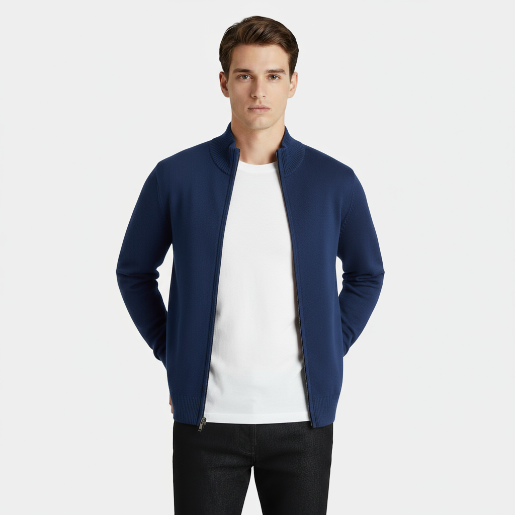 Men's Knit Cardigan with Full-Length Zipper, Long Sleeve, Ribbed Trim - Casual Outerwear for Everyday Wear
