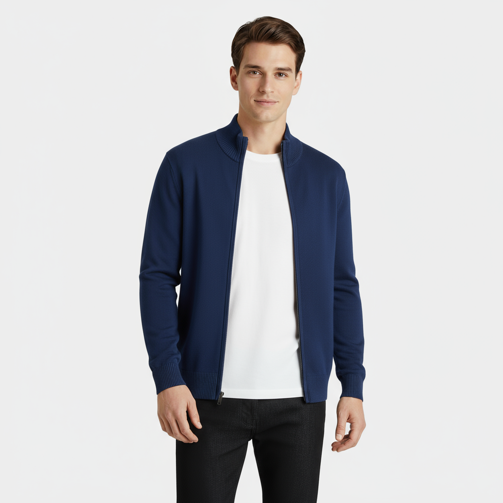 Men's Knit Cardigan with Full-Length Zipper, Long Sleeve, Ribbed Trim - Casual Outerwear for Everyday Wear