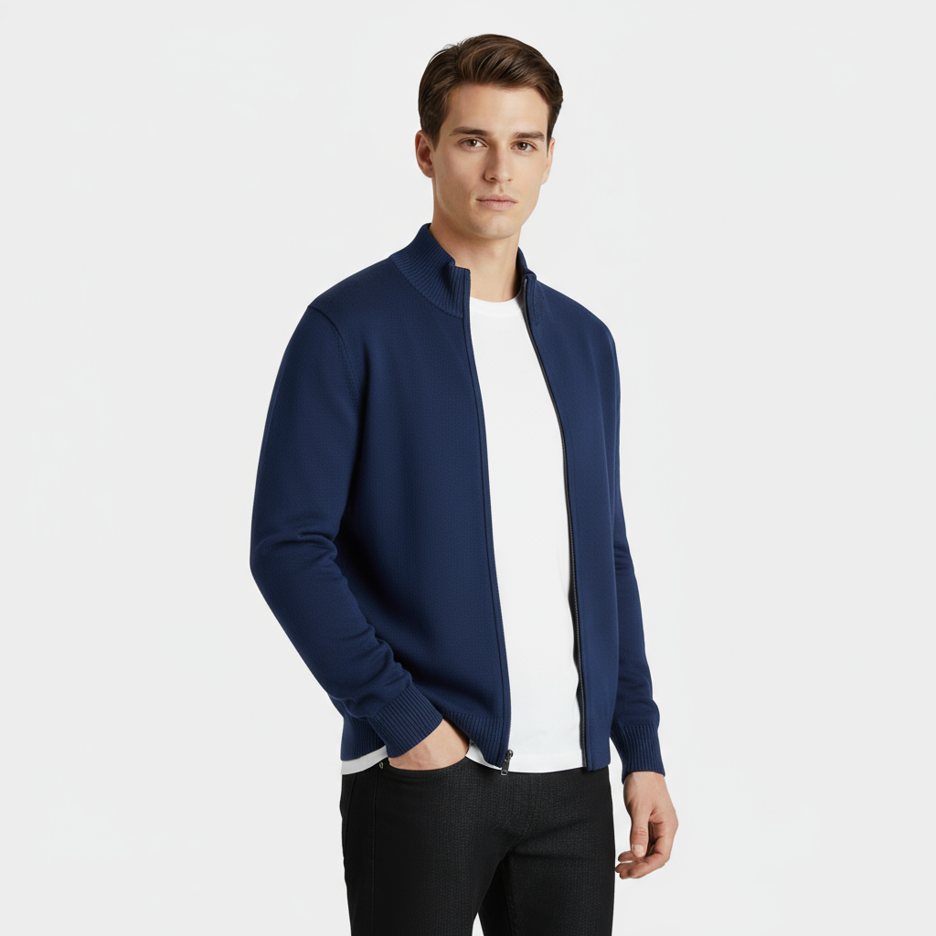 Men's Knit Cardigan with Full-Length Zipper, Long Sleeve, Ribbed Trim - Casual Outerwear for Everyday Wear