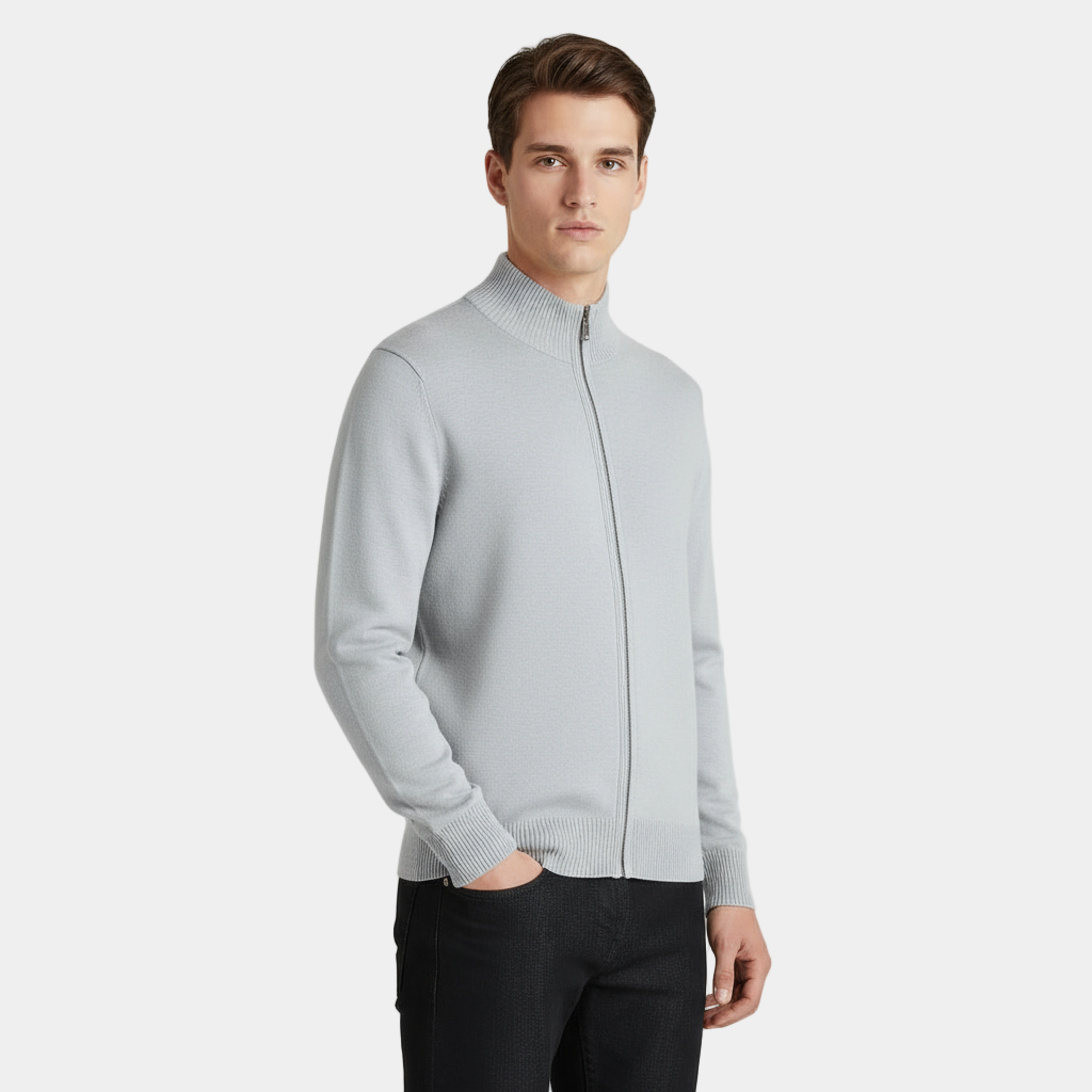 Men's Knit Cardigan with Full-Length Zipper, Long Sleeve, Ribbed Trim - Casual Outerwear for Everyday Wear