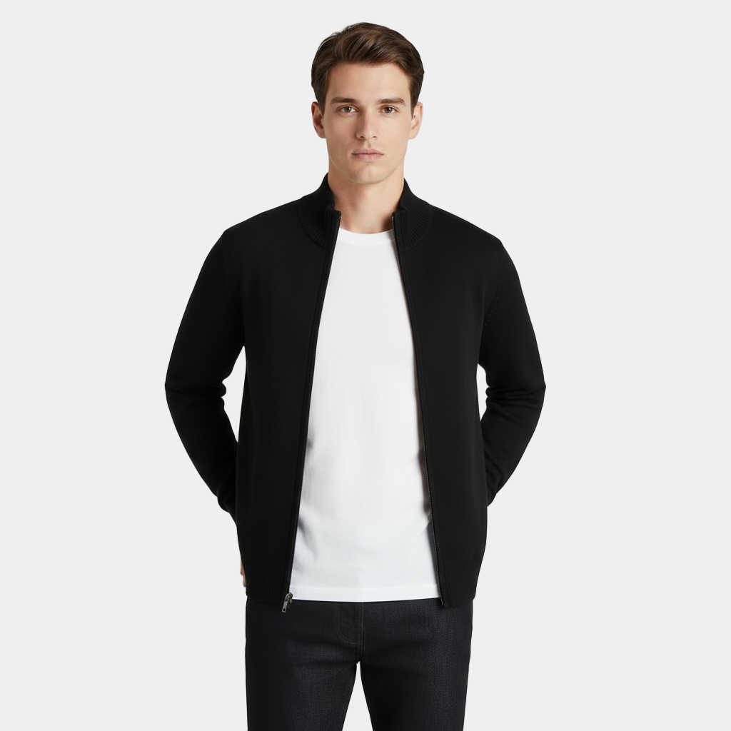 Men's Knit Cardigan with Full-Length Zipper, Long Sleeve, Ribbed Trim - Casual Outerwear for Everyday Wear