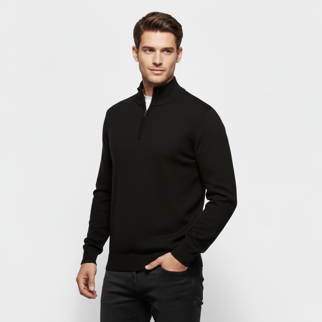 Men's Knit Quarter-Zip Sweater - Ribbed Mock Neck Pullover for Casual Wear and Layering