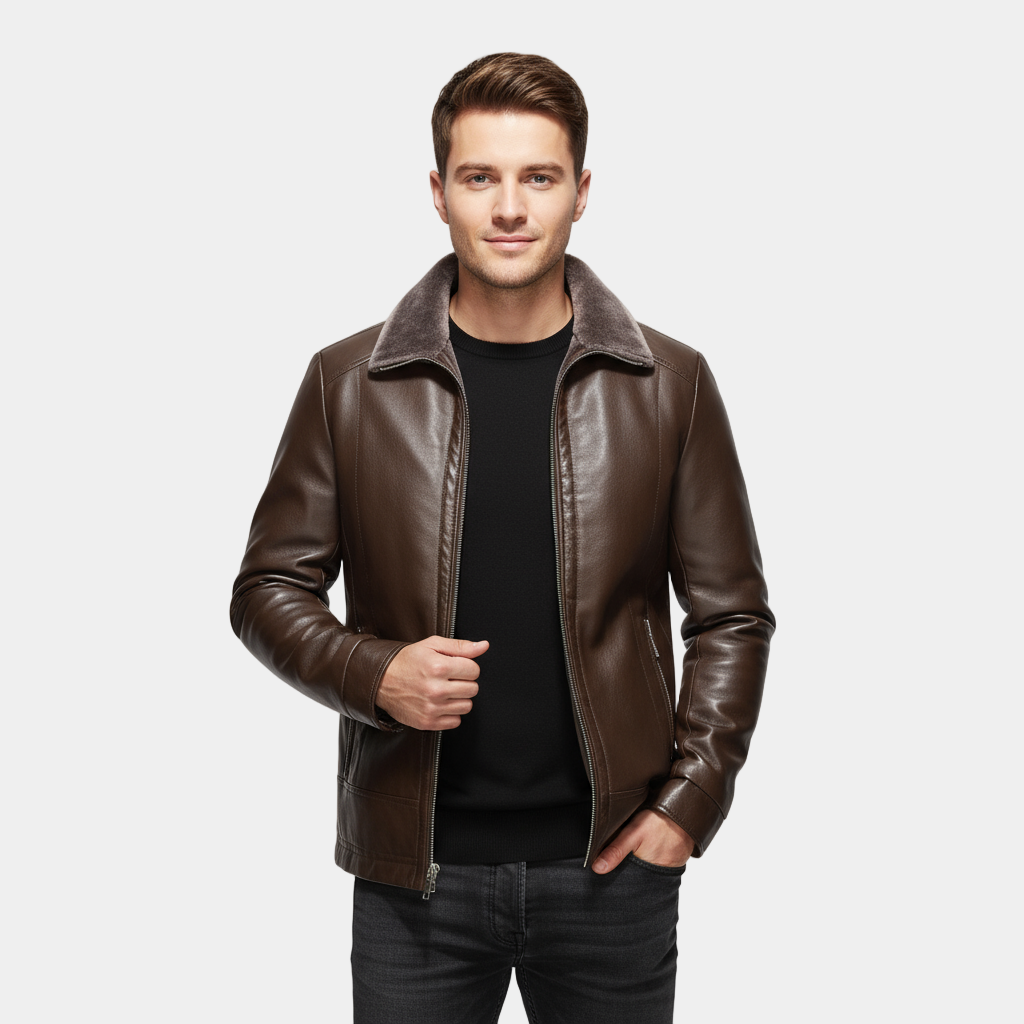 Men’s Leather Biker Jacket with Fur Collar | Stylish Motorcycle Jacket for Casual Wear | Warm and Durable Design