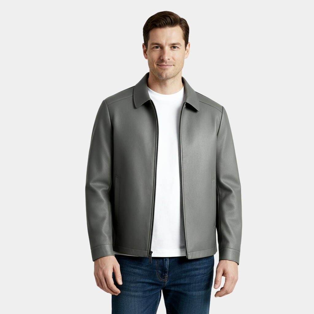 Men's Leather Harrington Jacket with Classic Collar – Stylish Outerwear for Casual and Smart-Casual Occasions