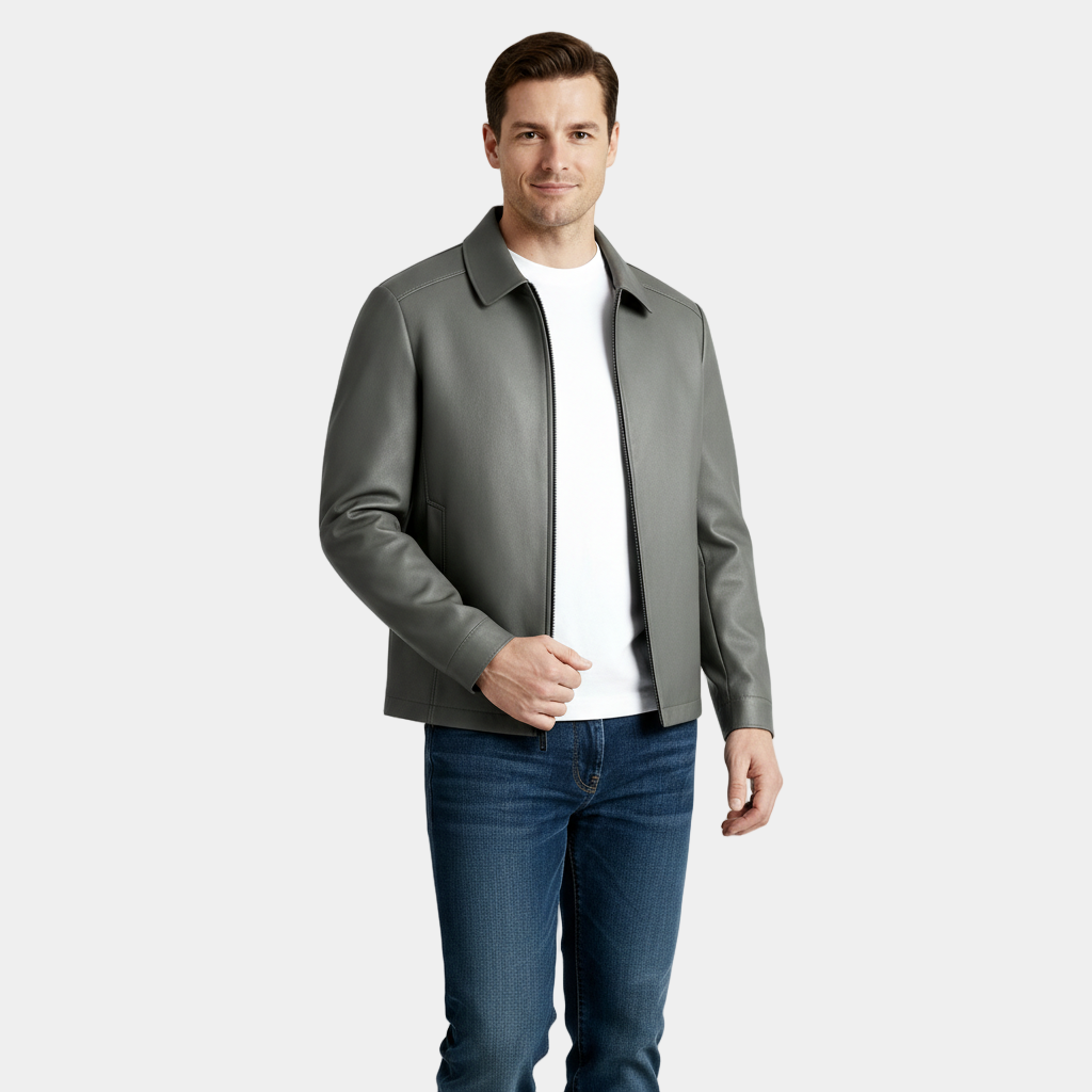 Men's Leather Harrington Jacket with Classic Collar – Stylish Outerwear for Casual and Smart-Casual Occasions