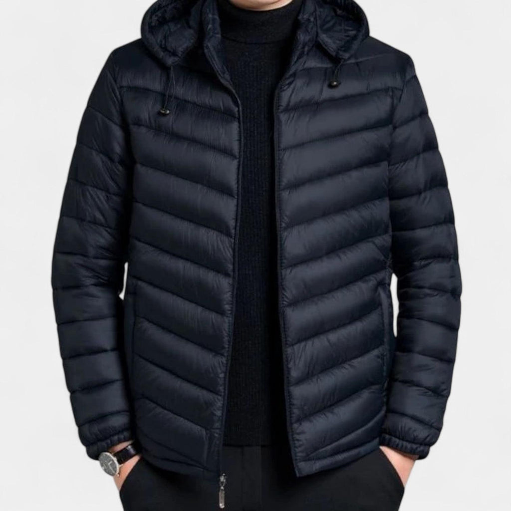 Men's Lightweight Quilted Hooded Puffer Jacket - Insulated Baffle Design for Outdoor Activities and Casual Wear