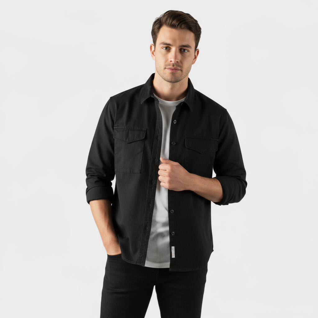 Men's Long-Sleeve Button-Up Shirt in Brushed Cotton for Casual and Formal Wear