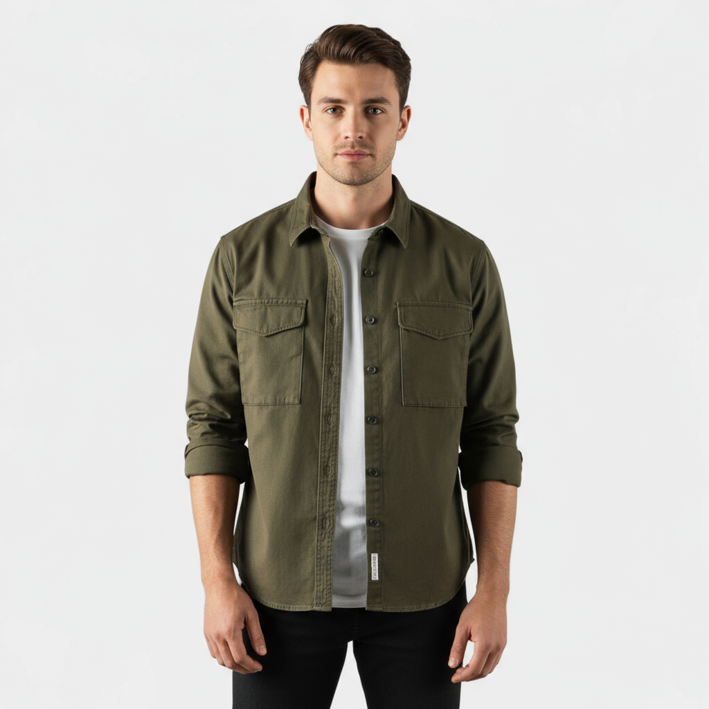 Men's Long-Sleeve Button-Up Shirt in Brushed Cotton for Casual and Formal Wear