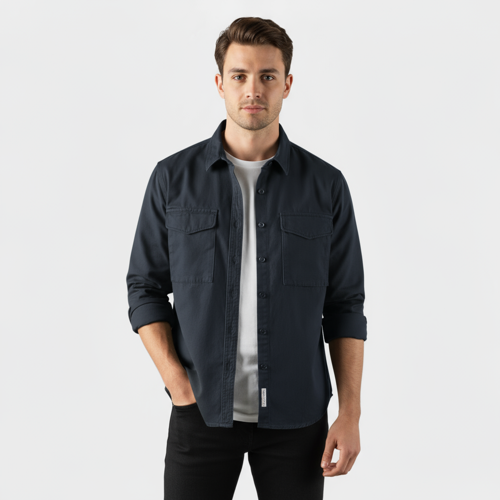 Men's Long-Sleeve Button-Up Shirt in Brushed Cotton for Casual and Formal Wear