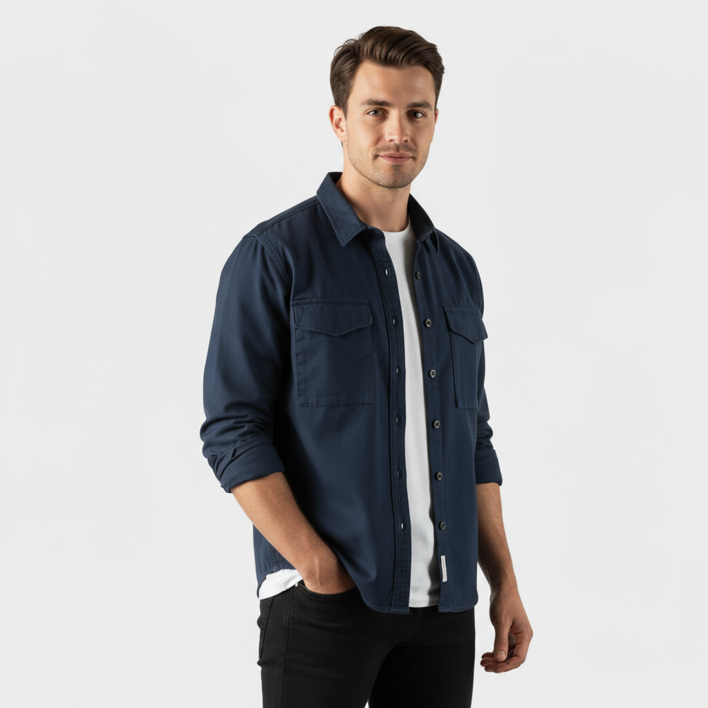 Men's Long-Sleeve Button-Up Shirt in Brushed Cotton for Casual and Formal Wear