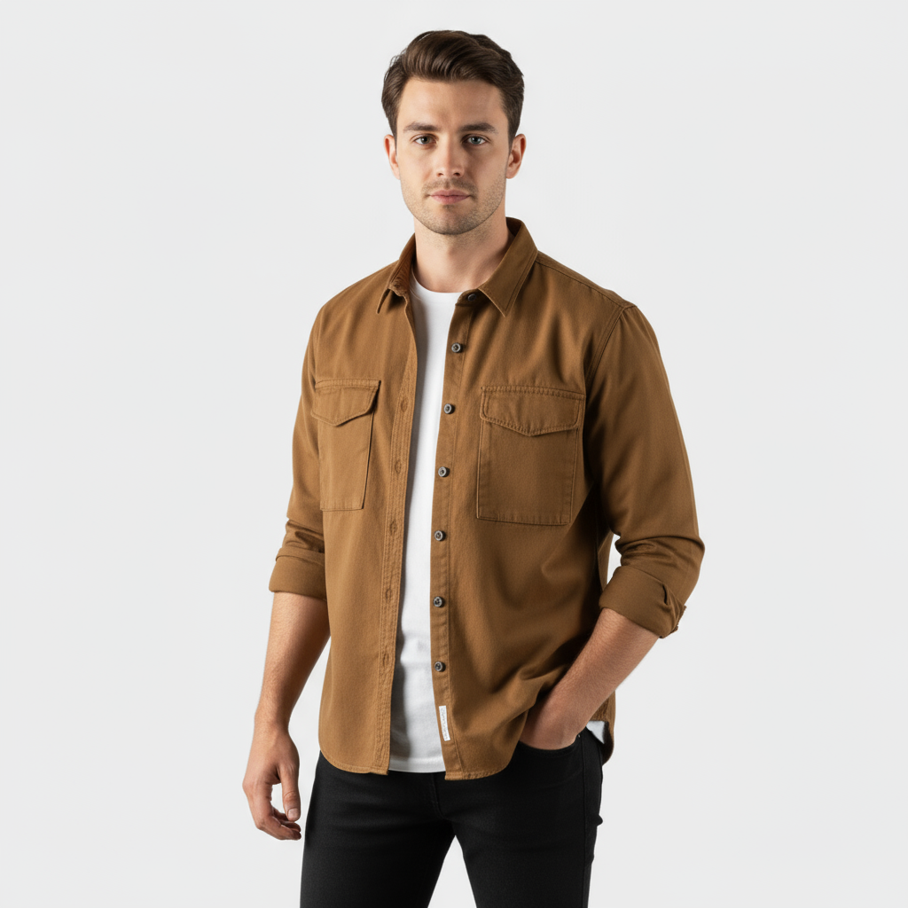Men's Long-Sleeve Button-Up Shirt in Brushed Cotton for Casual and Formal Wear