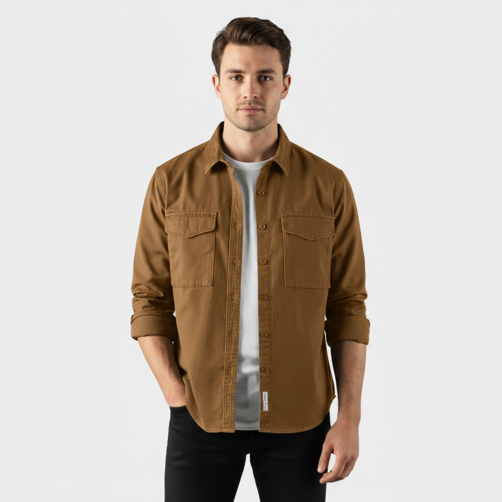 Men's Long-Sleeve Button-Up Shirt in Brushed Cotton for Casual and Formal Wear