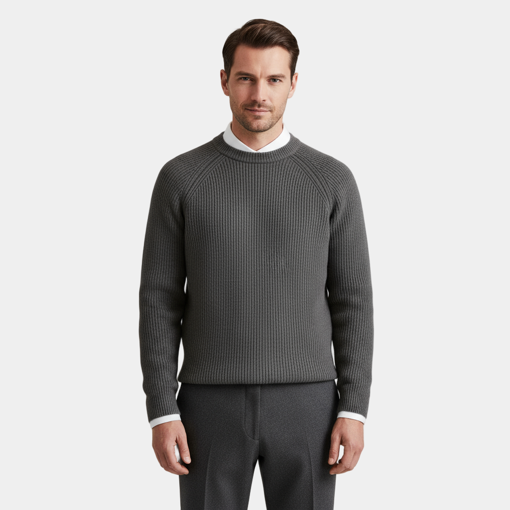 Men's Merino Wool Crew Neck Sweater - Raglan Sleeve Rib-Knit Jumper for Casual Wear