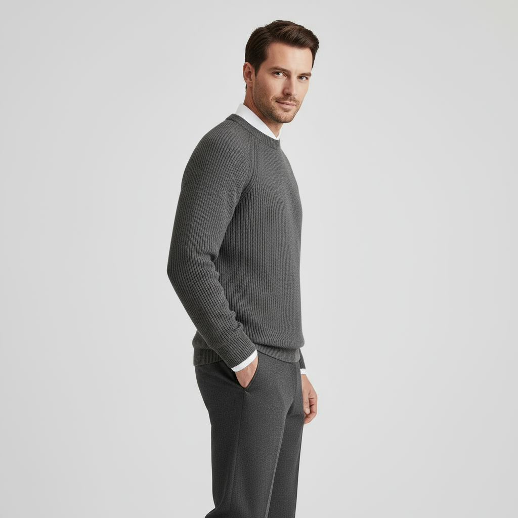 Men's Merino Wool Crew Neck Sweater - Raglan Sleeve Rib-Knit Jumper for Casual Wear