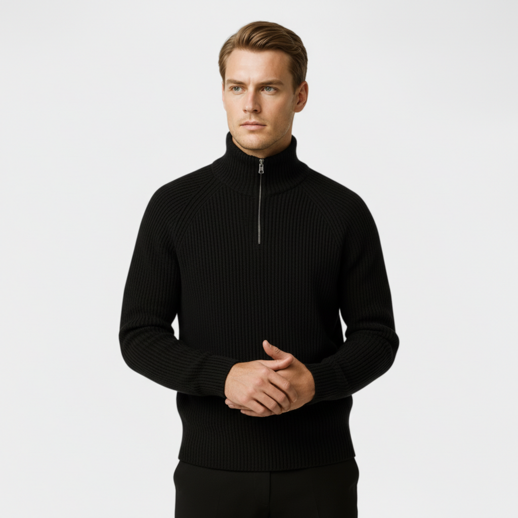 Men's Ribbed Half-Zip Pullover Sweater - Mock Neck Knit for Casual Wear and Layering