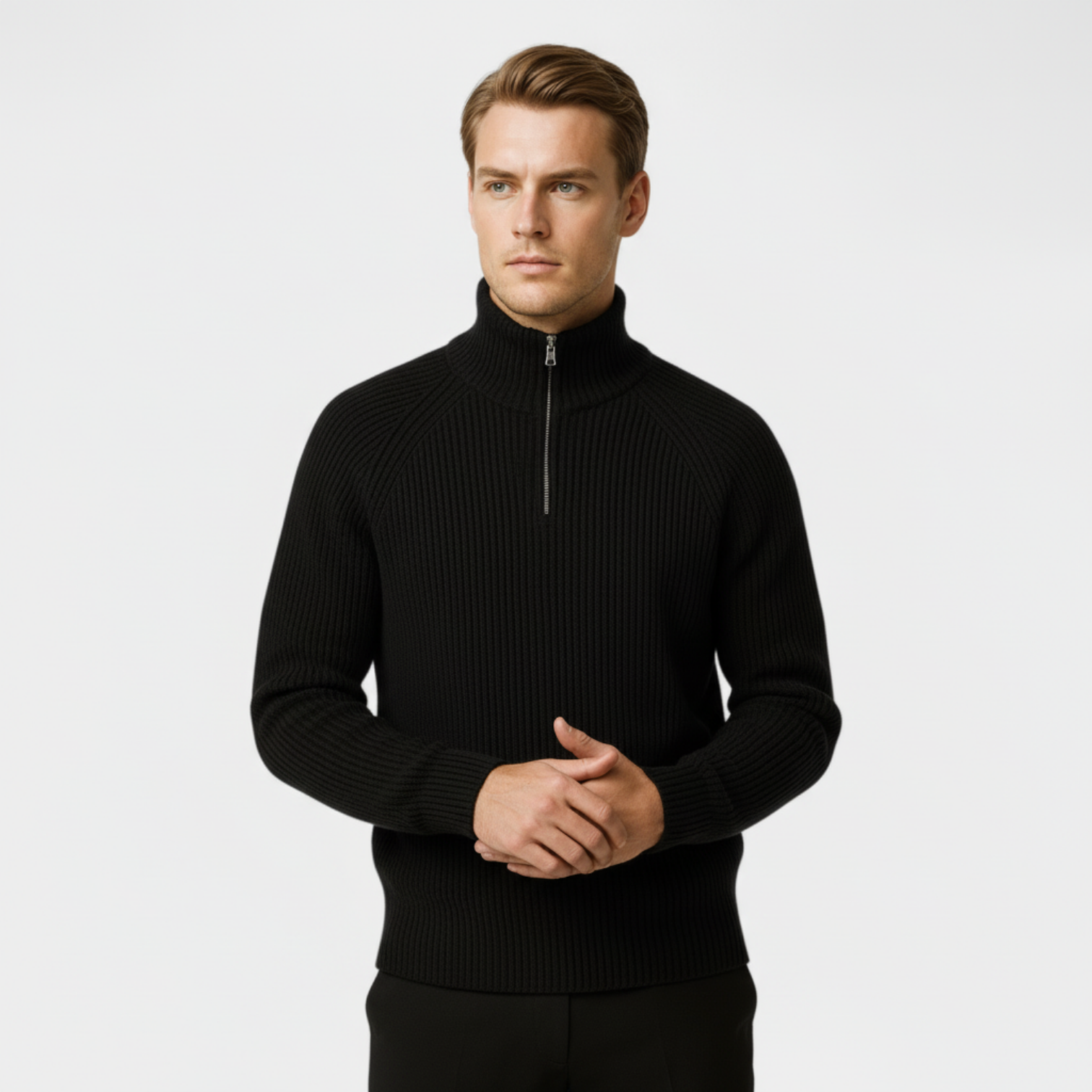 Men's Ribbed Half-Zip Pullover Sweater - Mock Neck Knit for Casual Wear and Layering