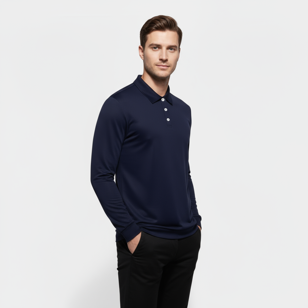 Men's Slim Fit Stretch Long-Sleeve Polo Shirt with Anti-Odor Fabric for Performance and Active Wear