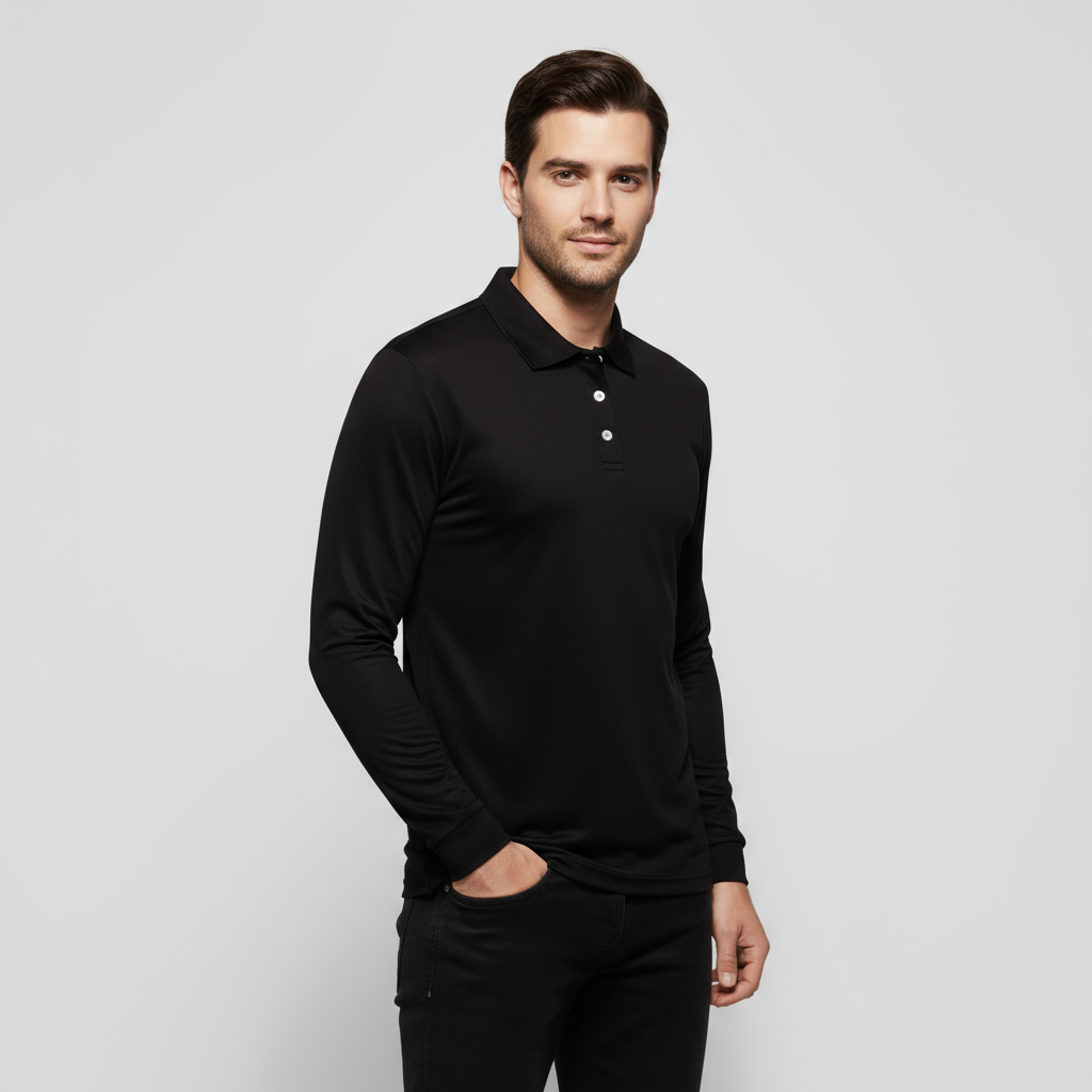 Men's Slim Fit Stretch Long-Sleeve Polo Shirt with Anti-Odor Fabric for Performance and Active Wear