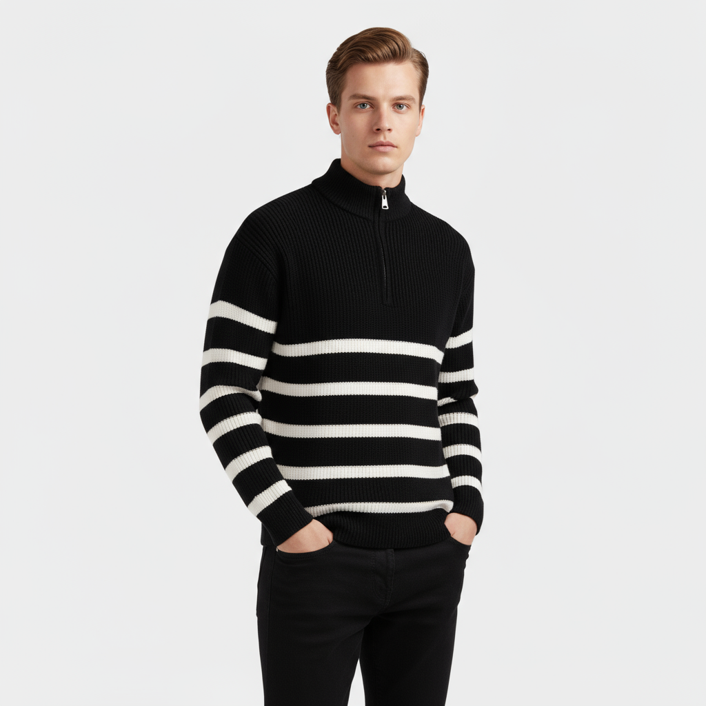 Men's Striped Ribbed Knit Quarter Zip Sweater - Casual Pullover for Everyday Wear