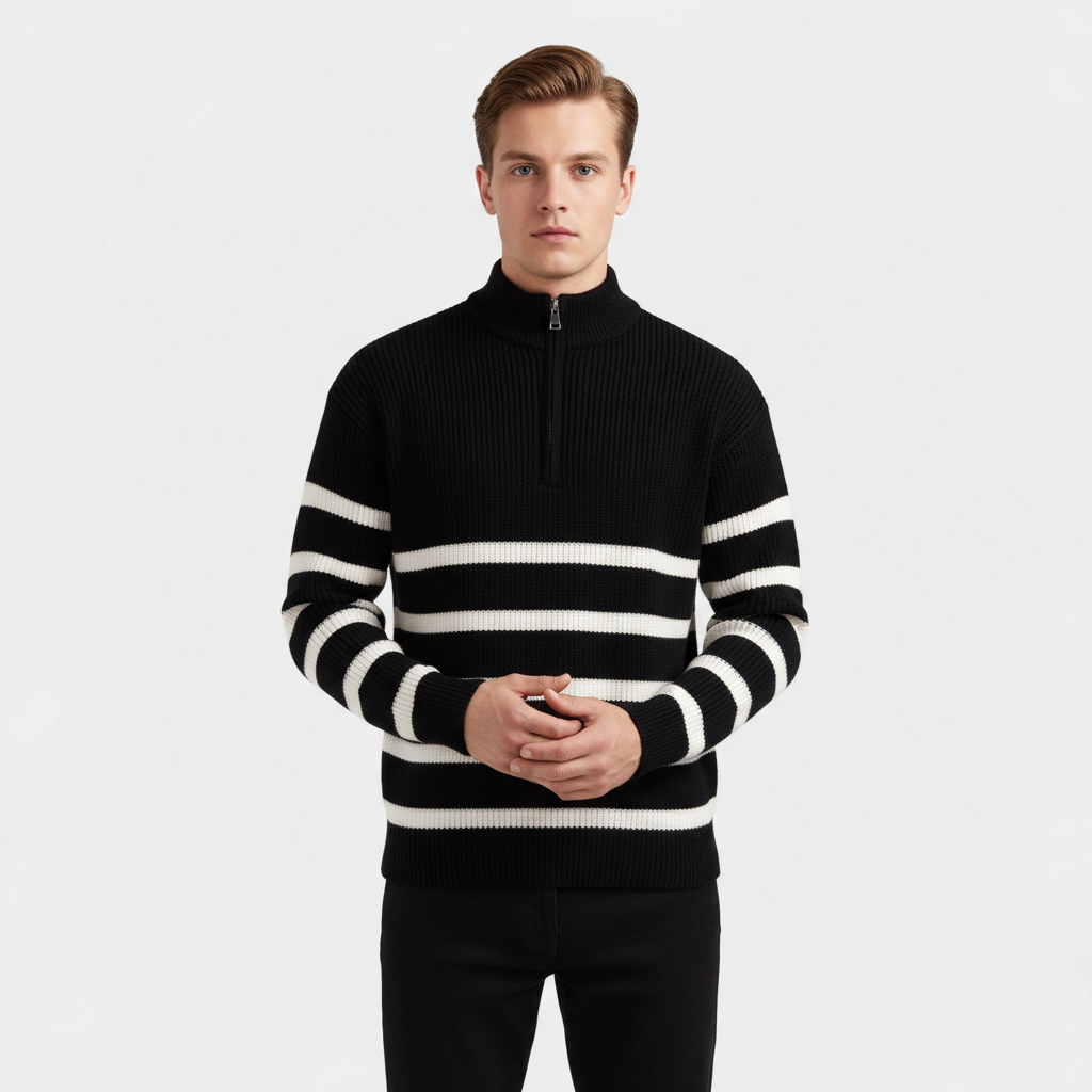 Men's Striped Ribbed Knit Quarter Zip Sweater - Casual Pullover for Everyday Wear