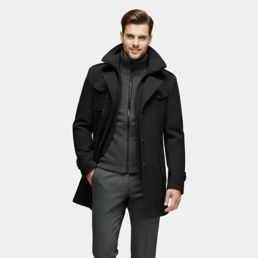 Men's Wool-Blend Overcoat – Tailored Button-Up Winter Coat for Cold Weather Wear