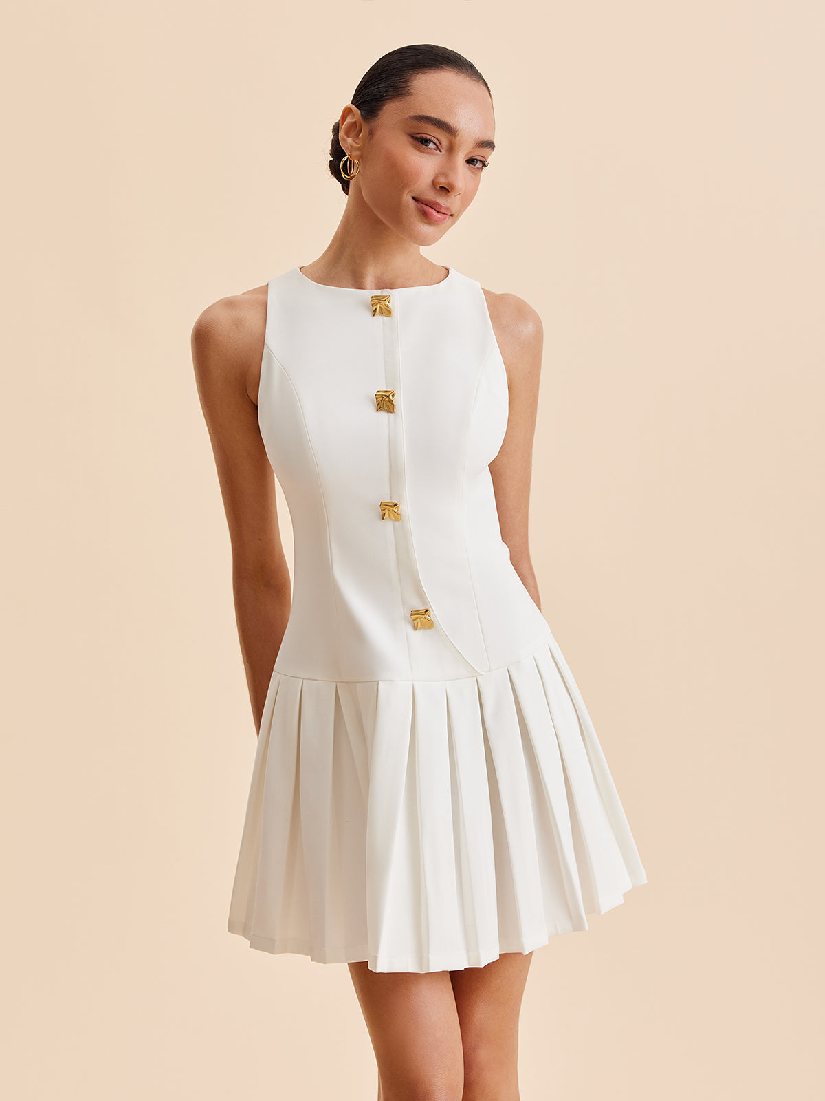 Metal-Button Pleated Mini Dress - Stylish Women's Casual Dress