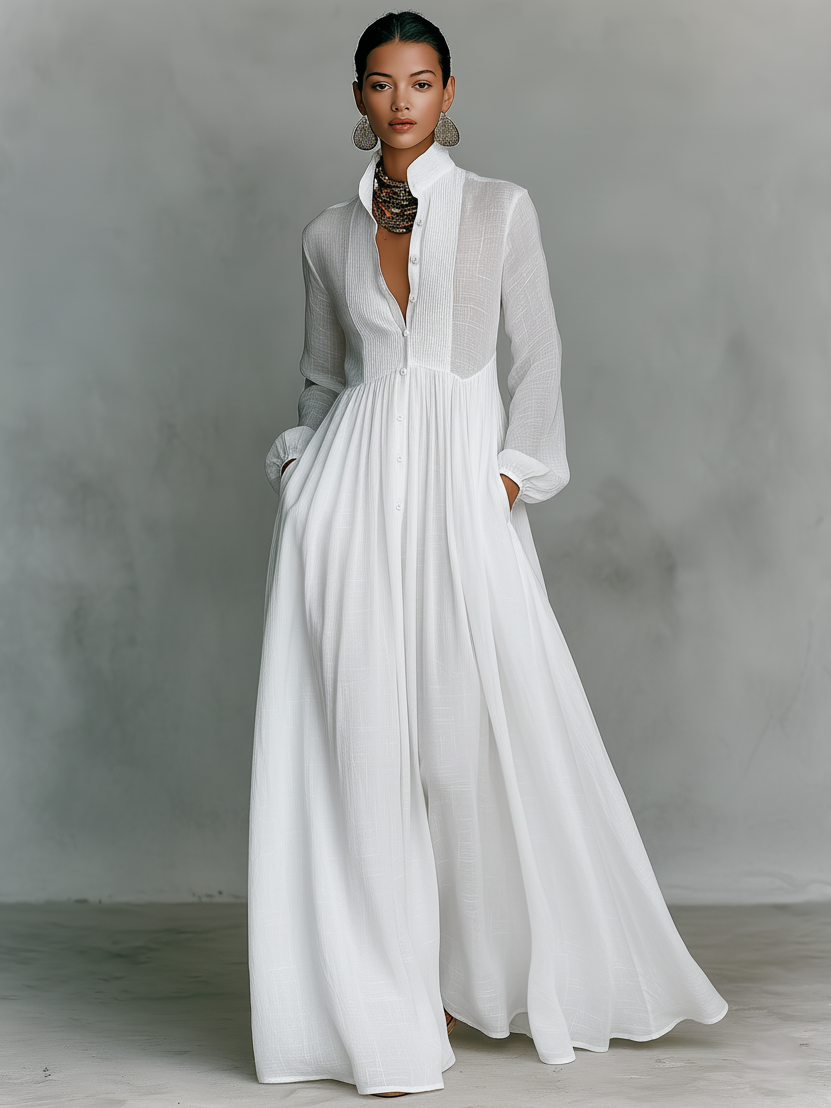 Minimalist Cotton Linen Maxi Dress Women UK – Wedding Guest Garden Party Evening Gown, Resort Holiday