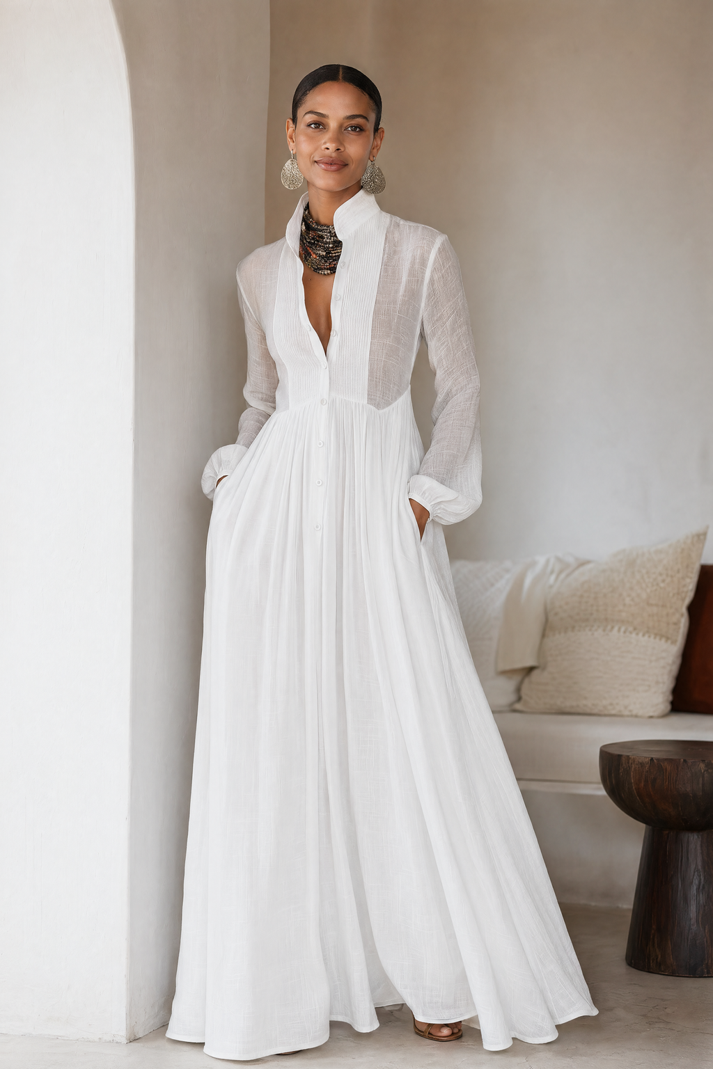 Minimalist Cotton Linen Maxi Dress Women UK – Wedding Guest Garden Party Evening Gown, Resort Holiday