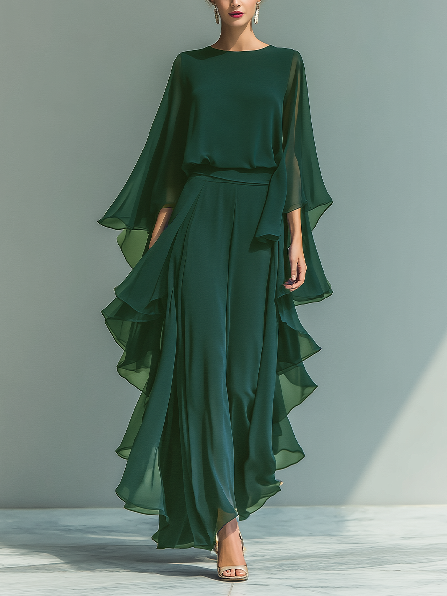 Navy Blue Chiffon Top and Trouser Set Women UK – Flared Sleeves, Ruffled Details, Smart Casual Holiday Outfit