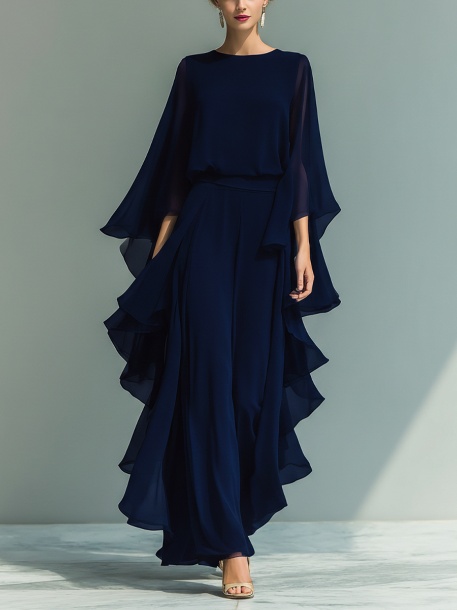 Navy Blue Chiffon Top and Trouser Set Women UK – Flared Sleeves, Ruffled Details, Smart Casual Holiday Outfit