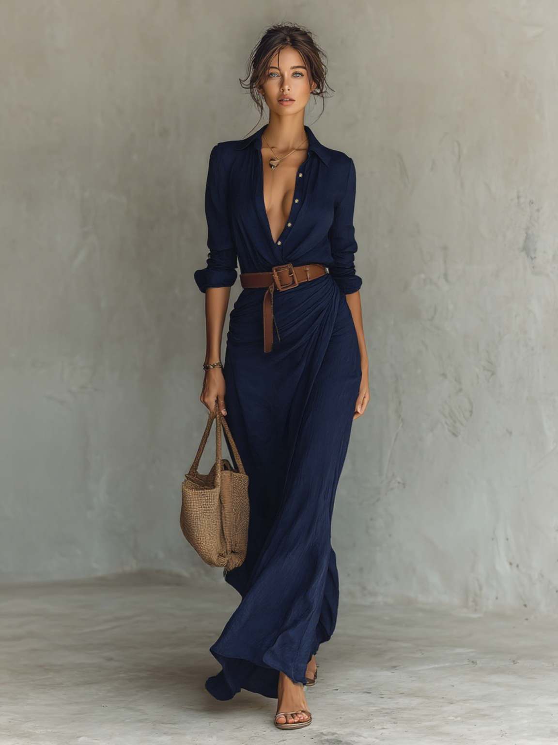 Navy Lapel Single Breasted Long Sleeve Belted Maxi Dress Women UK – Wedding Guest Garden Party Evening Gown