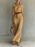 Navy Lapel Single Breasted Long Sleeve Belted Maxi Dress Women UK – Wedding Guest Garden Party Evening Gown