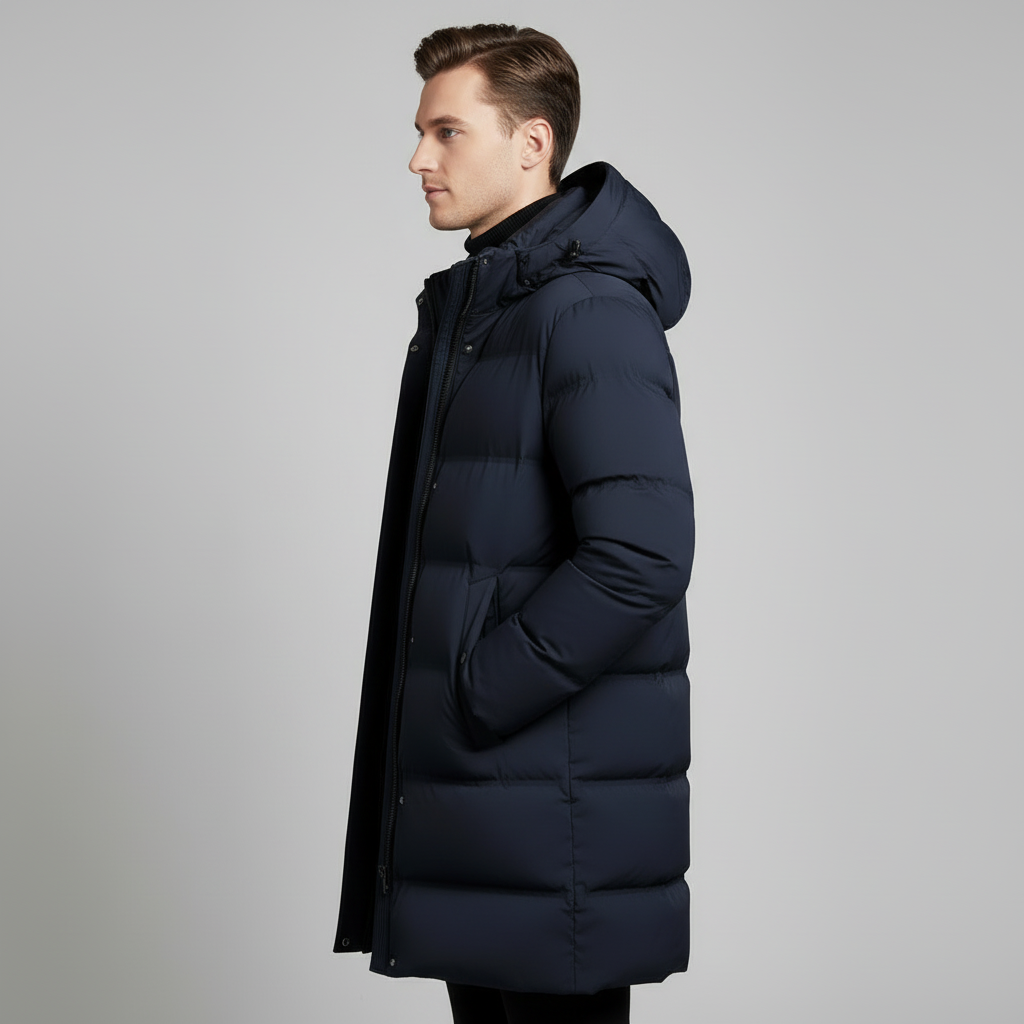 Navy Long Puffer Parka for Men - Insulated Winter Jacket with Hood - Warm Outerwear for Cold Weather