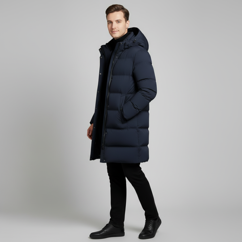 Navy Long Puffer Parka for Men - Insulated Winter Jacket with Hood - Warm Outerwear for Cold Weather