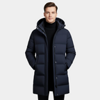 Navy Long Puffer Parka for Men - Insulated Winter Jacket with Hood - Warm Outerwear for Cold Weather
