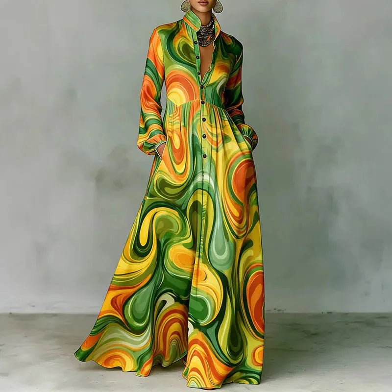 Navy Retro High Waist Pleated Maxi Dress Women UK – Long Sleeve Boho Spring Dress, Garden Party & Wedding Guest